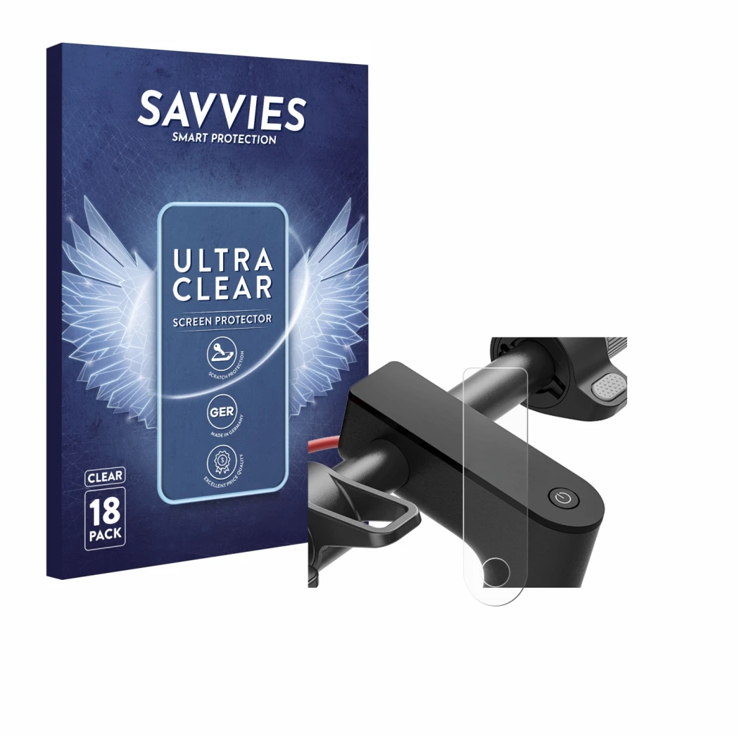 Face avant d’un emballage produit avec le logo de la marque Savvies. À côté, l’appareil Xiaomi Electric Scooter 4 est représen