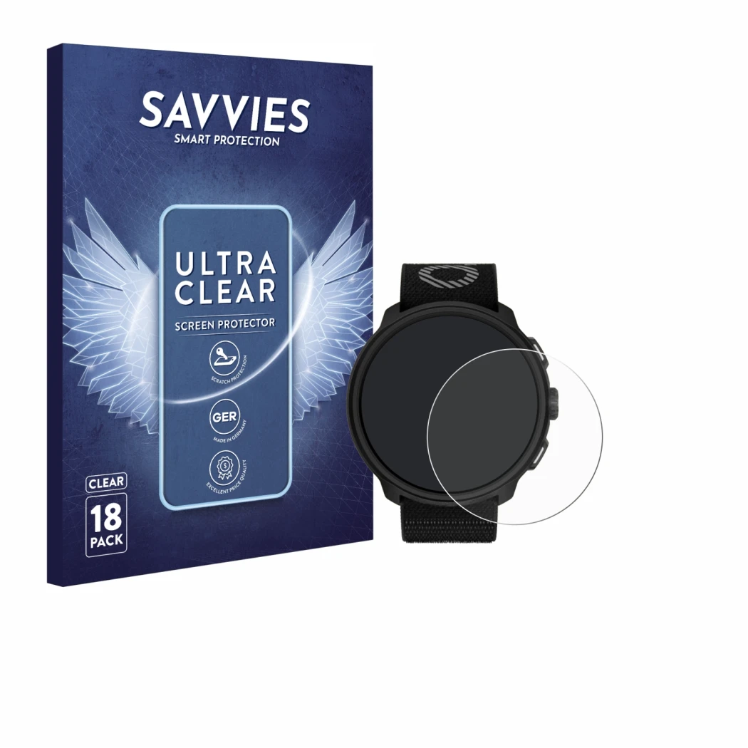 Face avant d’un emballage produit avec le logo de la marque Savvies. À côté, l’appareil Suunto Run est représenté avec la prot