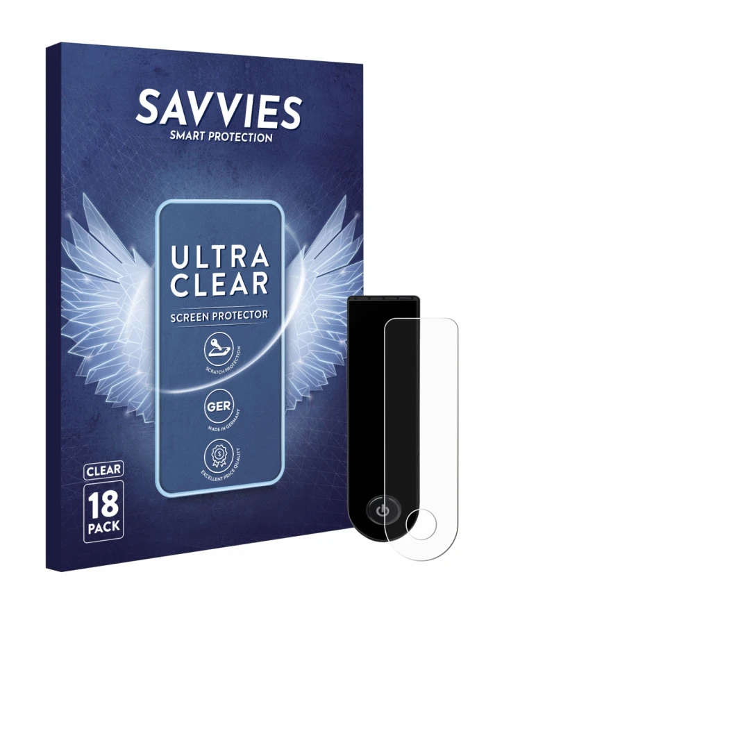 Face avant d’un emballage produit avec le logo de la marque Savvies. À côté, l’appareil Xiaomi Electric Scooter 5 Max est repr