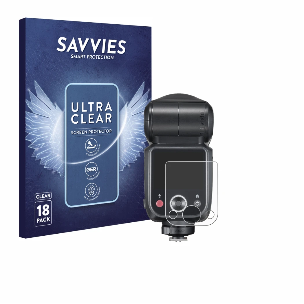 Face avant d’un emballage produit avec le logo de la marque Savvies. À côté, l’appareil Godox V100 est représenté avec la prot