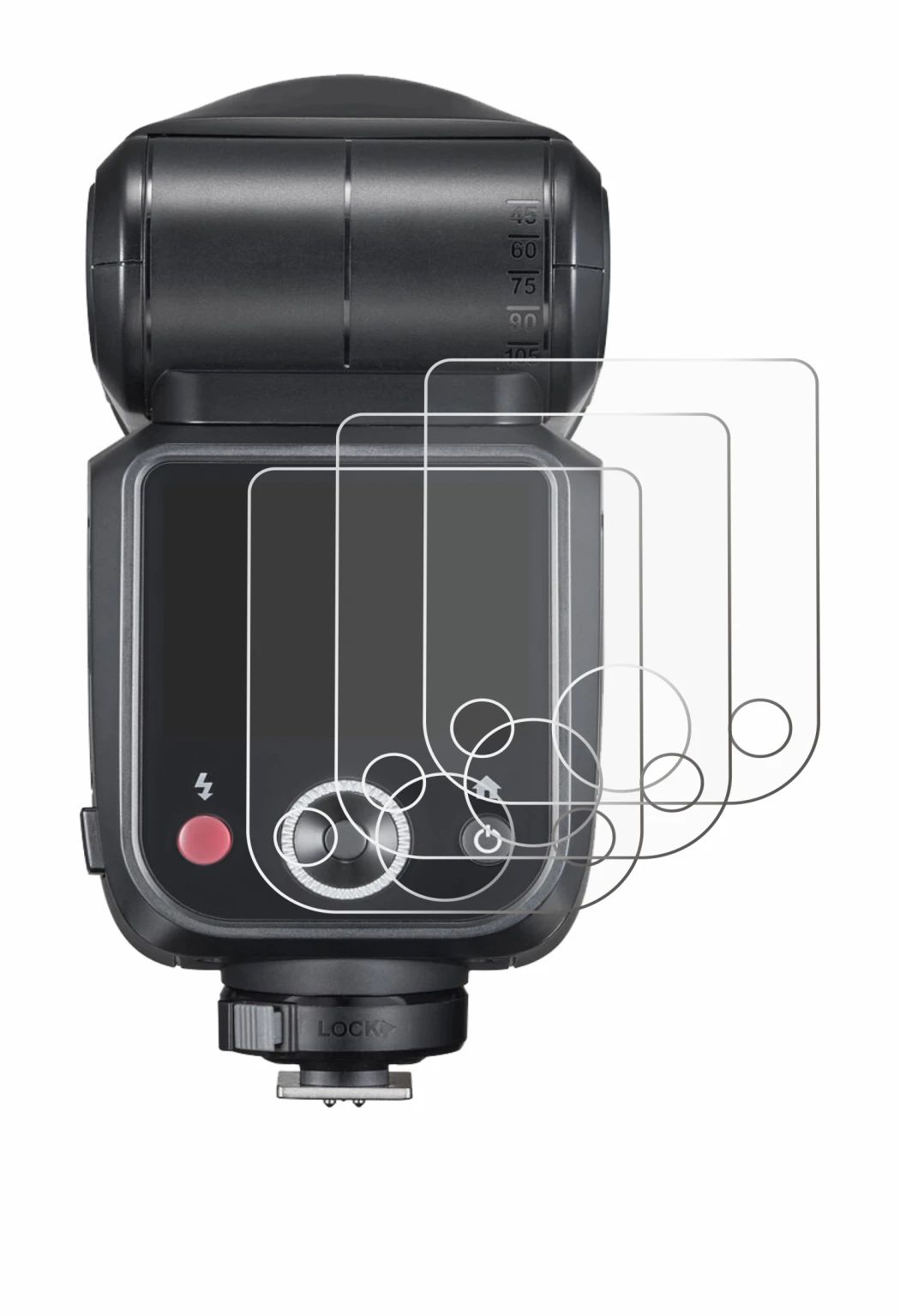 Image de l'appareil Godox V100 avec une grande variété de protections d'écran.