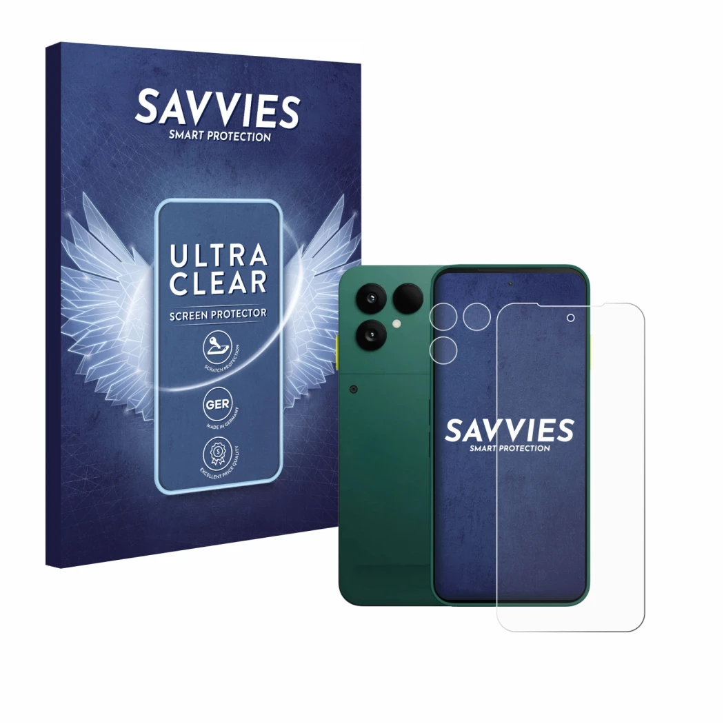 Face avant d’un emballage produit avec le logo de la marque Savvies. À côté, l’appareil Fairphone 6 (Avant+Caméra) est représe