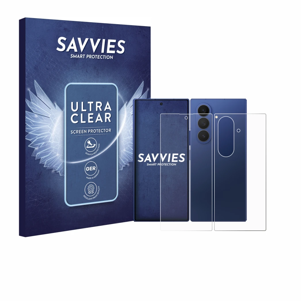 Face avant d’un emballage produit avec le logo de la marque Savvies. À côté, l’appareil Samsung Galaxy Z Fold 7 (Avant+Arrière