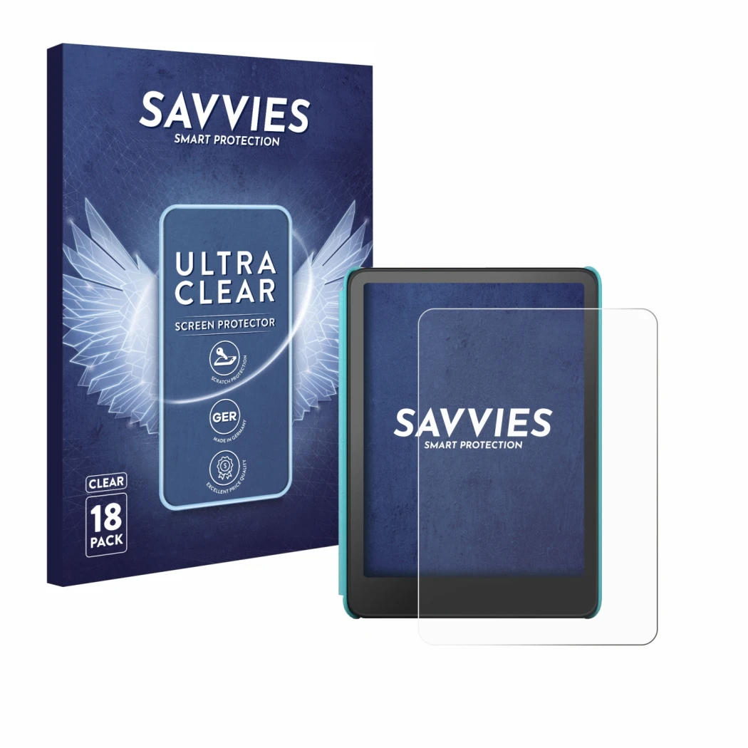 Face avant d’un emballage produit avec le logo de la marque Savvies. À côté, l’appareil Amazon Kindle Colorsoft Kids est repré