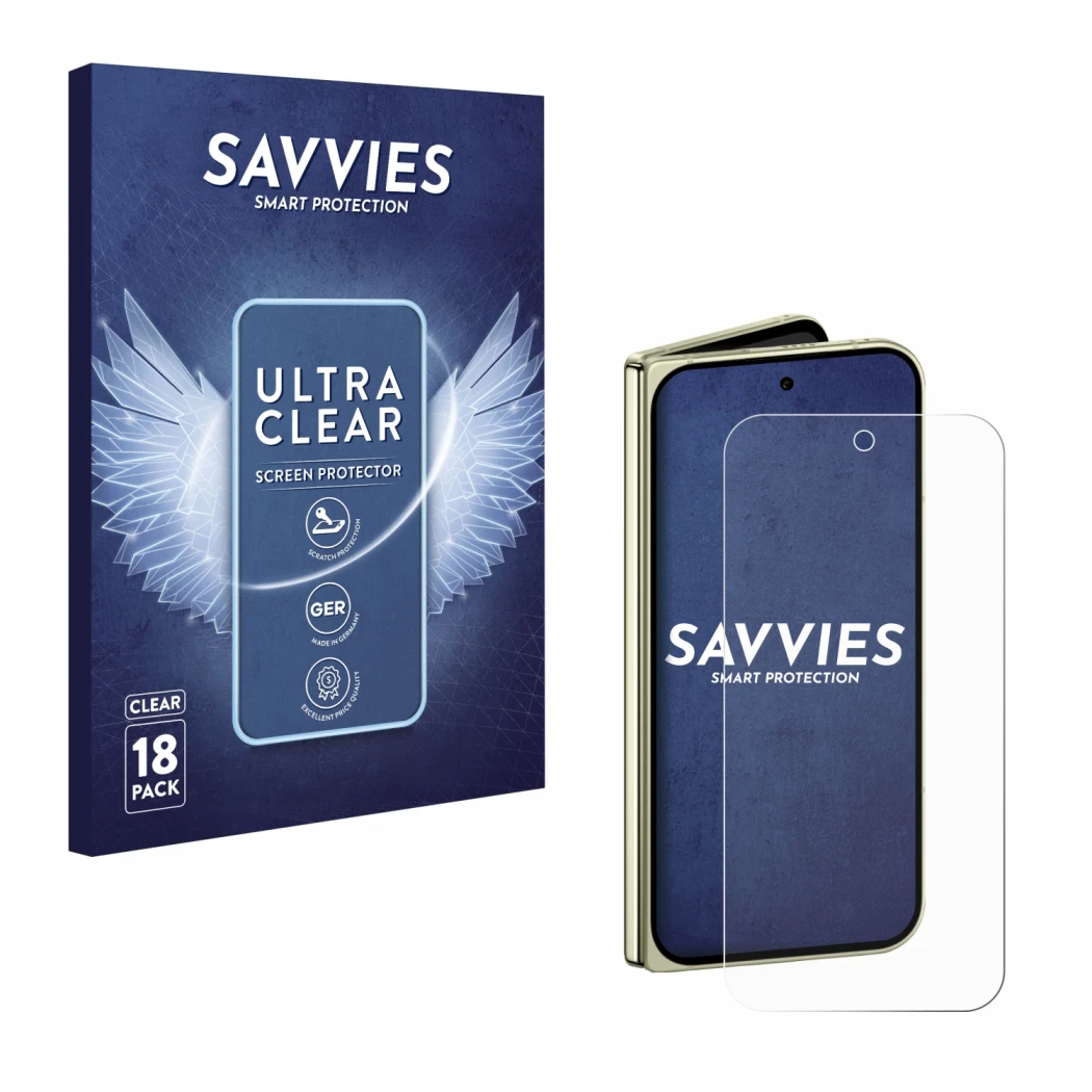 Face avant d’un emballage produit avec le logo de la marque Savvies. À côté, l’appareil Google Pixel 10 Pro Fold est représent