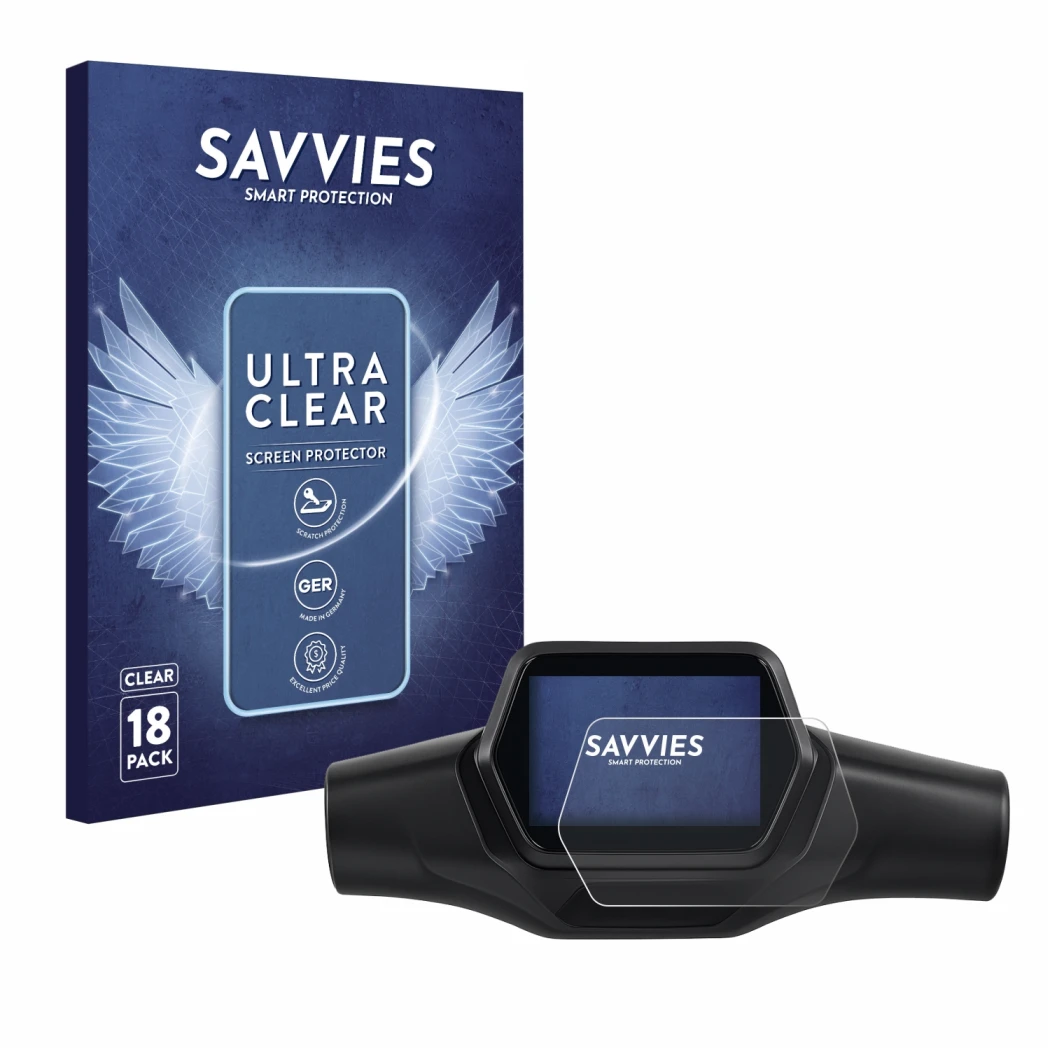 Face avant d’un emballage produit avec le logo de la marque Savvies. À côté, l’appareil Segway Ninebot ZT3 D est représenté av