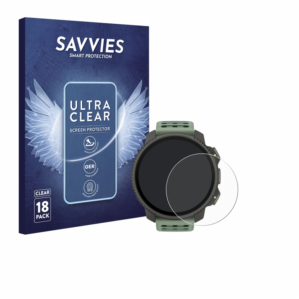 Face avant d’un emballage produit avec le logo de la marque Savvies. À côté, l’appareil Suunto Vertical 2 est représenté avec 