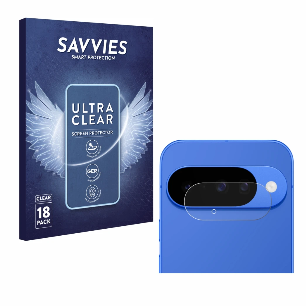 Face avant d’un emballage produit avec le logo de la marque Savvies. À côté, l’appareil Google Pixel 10 (Caméra UNIQUEMENT) es