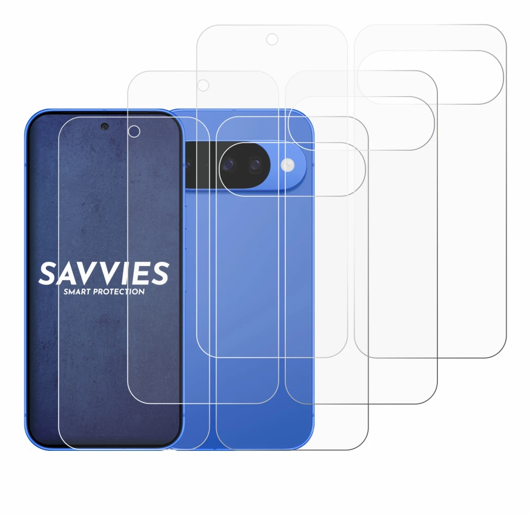 Image de l'appareil Google Pixel 10 (Avant+Arrière) avec une grande variété de protections d'écran.