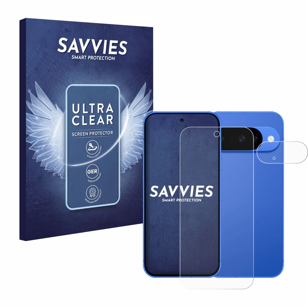 Face avant d’un emballage produit avec le logo de la marque Savvies. À côté, l’appareil Google Pixel 10 (Avant+Caméra) est rep