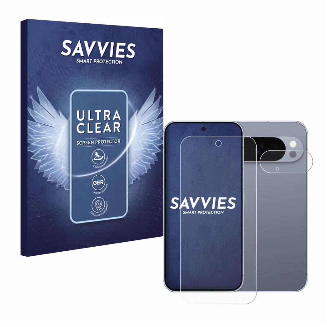 Face avant d’un emballage produit avec le logo de la marque Savvies. À côté, l’appareil Google Pixel 10 Pro (Avant+Caméra) est