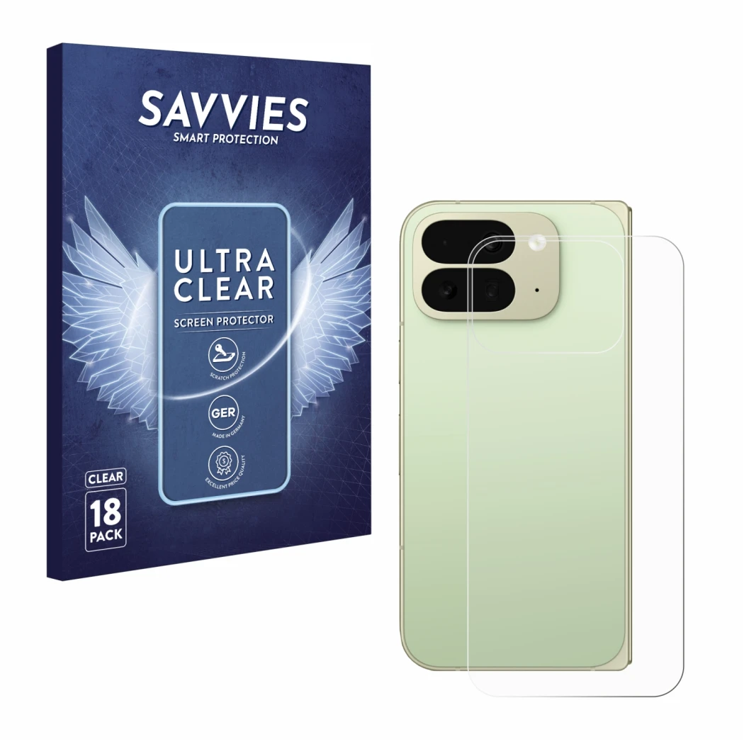 Face avant d’un emballage produit avec le logo de la marque Savvies. À côté, l’appareil Google Pixel 10 Pro Fold (Arrière) est