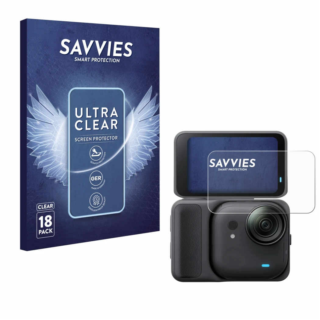 Face avant d’un emballage produit avec le logo de la marque Savvies. À côté, l’appareil Insta360 Go Ultra est représenté avec 