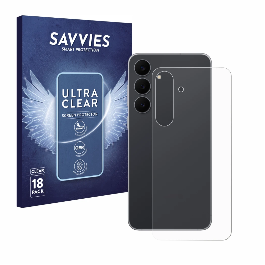 Face avant d’un emballage produit avec le logo de la marque Savvies. À côté, l’appareil Samsung Galaxy S25 FE (Arrière) est re