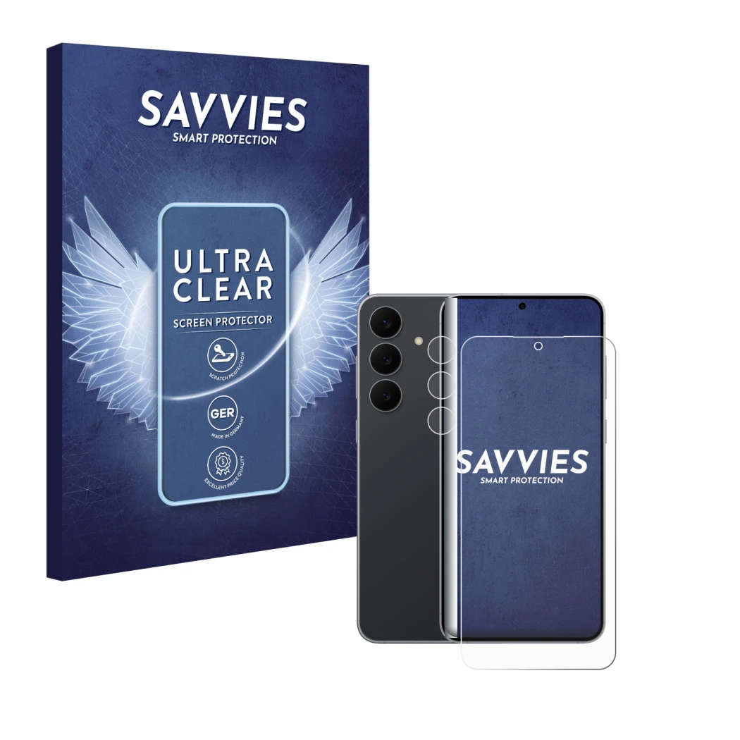 Face avant d’un emballage produit avec le logo de la marque Savvies. À côté, l’appareil Samsung Galaxy S25 FE (Avant+Caméra) e