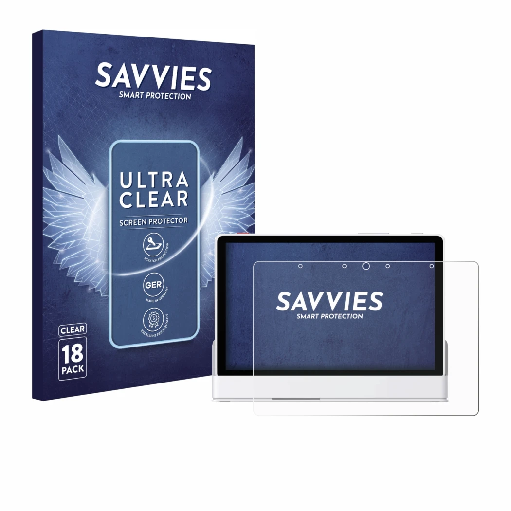 Face avant d’un emballage produit avec le logo de la marque Savvies. À côté, l’appareil eufy Smart Display E10 est représenté 