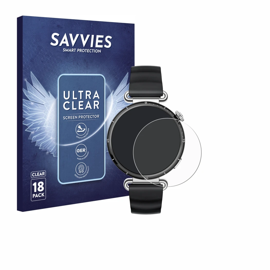 Face avant d’un emballage produit avec le logo de la marque Savvies. À côté, l’appareil Huawei Watch GT 6 (41 mm) est représen