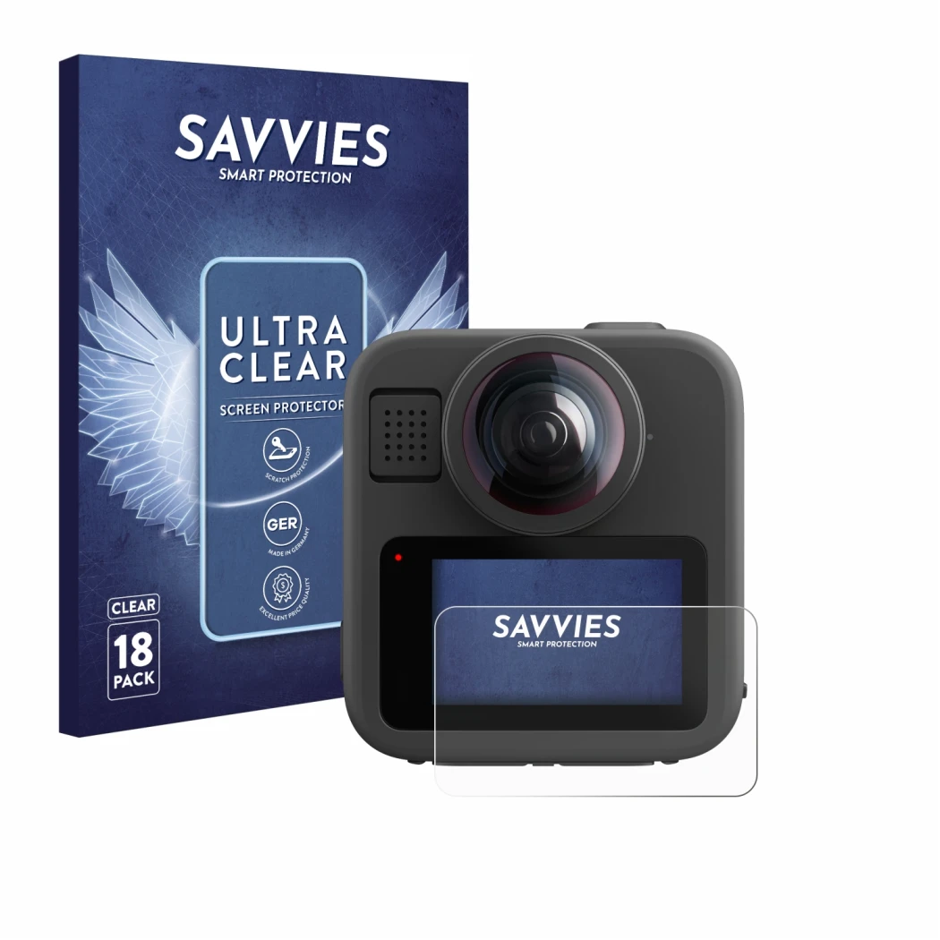 Face avant d’un emballage produit avec le logo de la marque Savvies. À côté, l’appareil GoPro Max 2 est représenté avec la pro