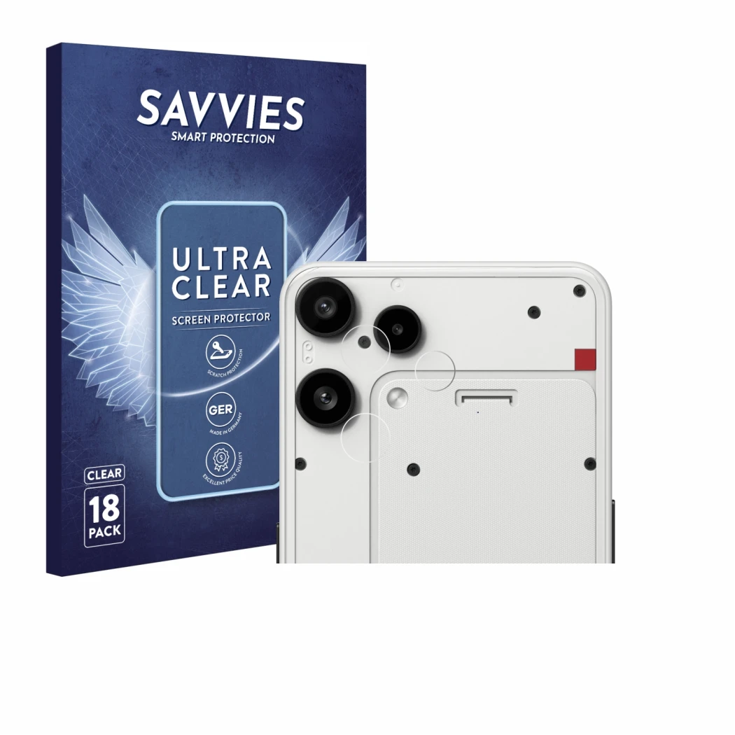 Face avant d’un emballage produit avec le logo de la marque Savvies. À côté, l’appareil Nothing Phone (3a) Lite (Caméra UNIQUE
