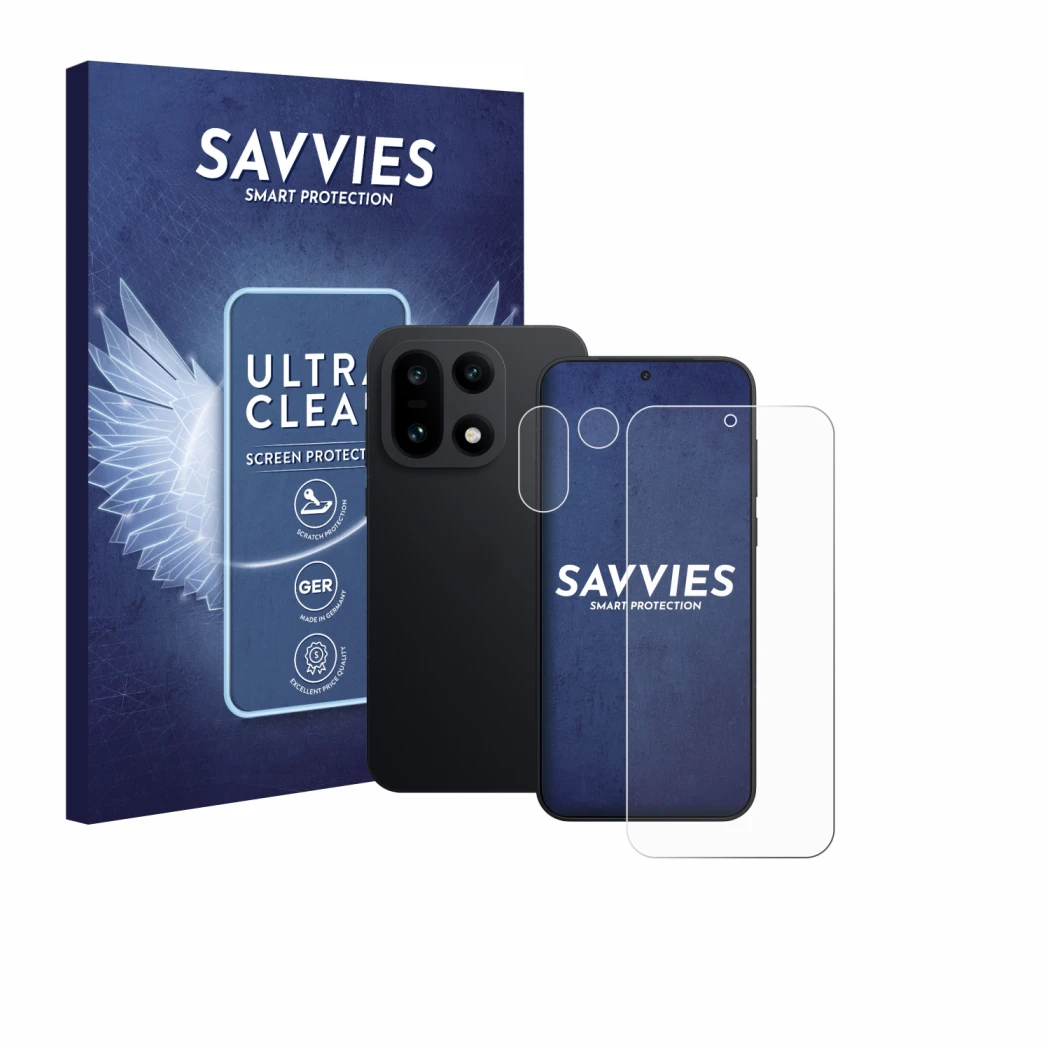 Face avant d’un emballage produit avec le logo de la marque Savvies. À côté, l’appareil OnePlus 15 (Avant+Caméra) est représen