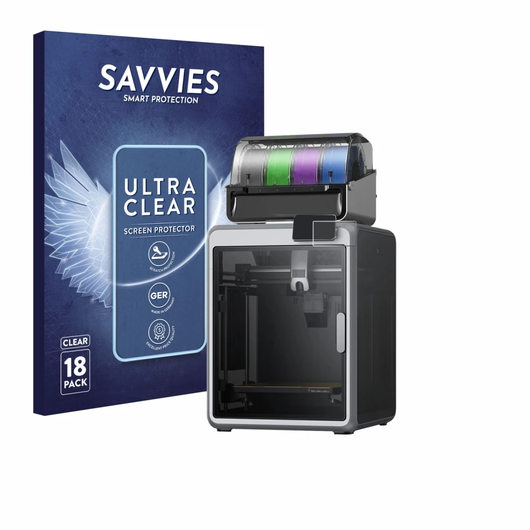 Face avant d’un emballage produit avec le logo de la marque Savvies. À côté, l’appareil Creality K2 est représenté avec la pro