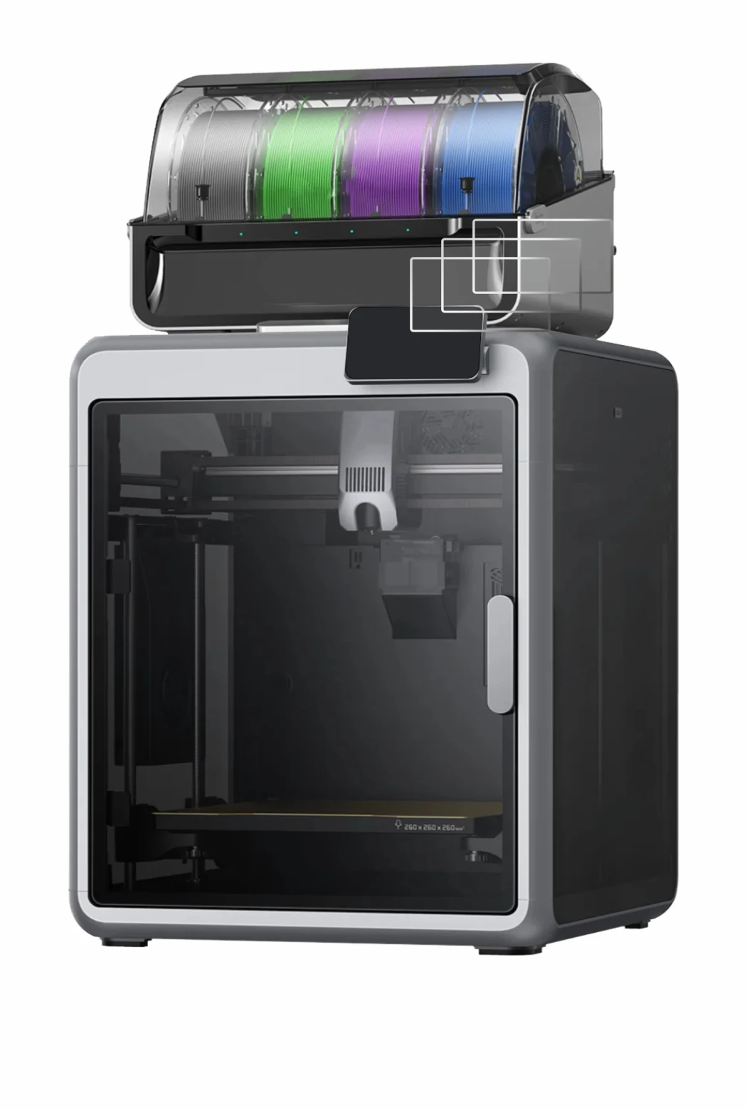 Image de l'appareil Creality K2 avec une grande variété de protections d'écran.