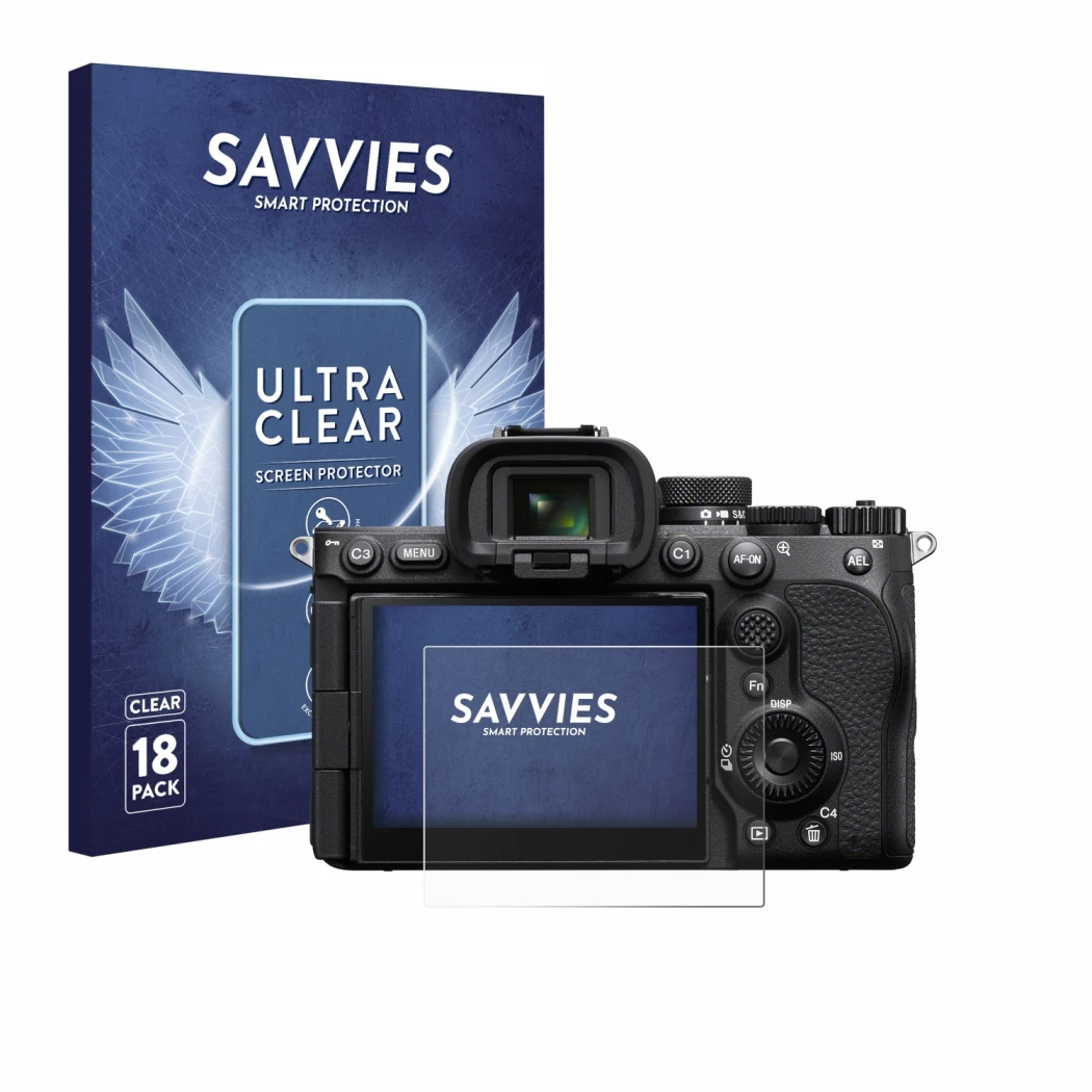 Face avant d’un emballage produit avec le logo de la marque Savvies. À côté, l’appareil Sony Alpha 7 V (ILCE-7M5) est représen