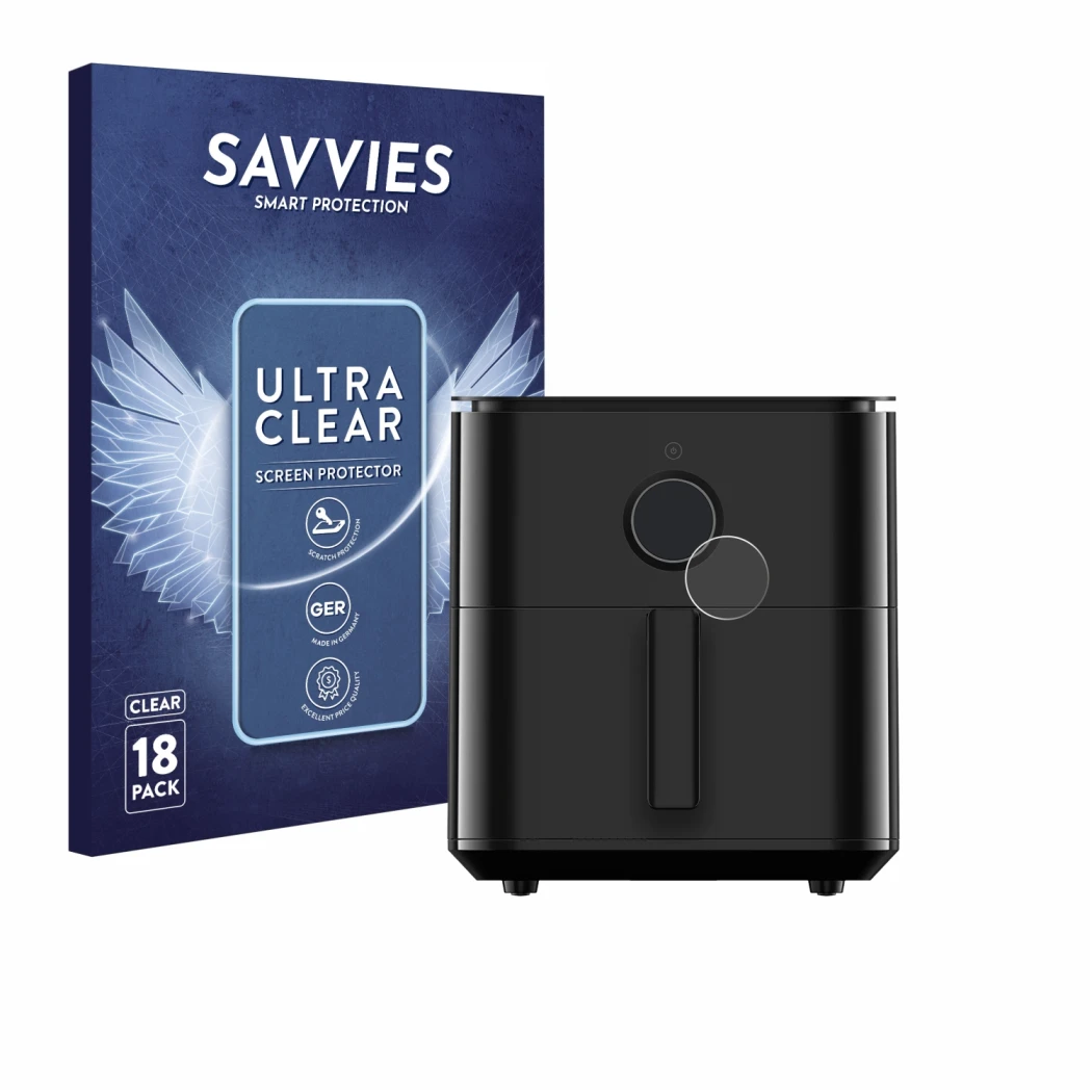 Face avant d’un emballage produit avec le logo de la marque Savvies. À côté, l’appareil Xiaomi Air Fryer 6.5 L est représenté 