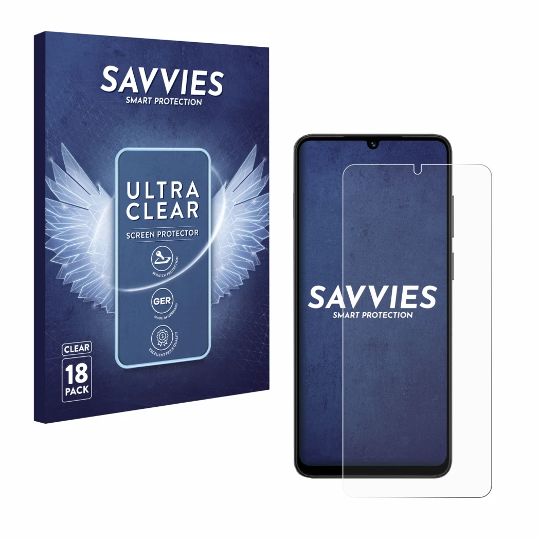 Face avant d’un emballage produit avec le logo de la marque Savvies. À côté, l’appareil Honor X5c Plus est représenté avec la 