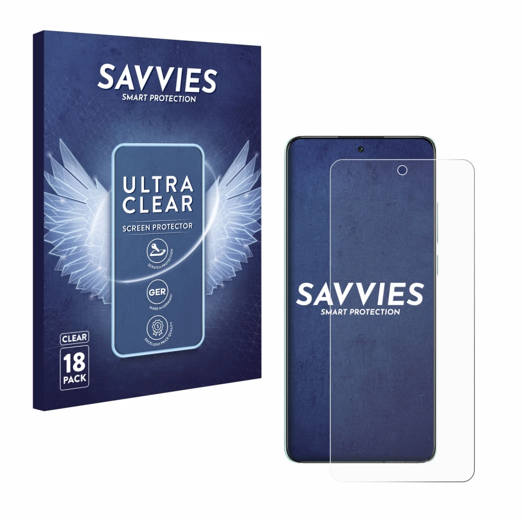 Face avant d’un emballage produit avec le logo de la marque Savvies. À côté, l’appareil Oppo K13 est représenté avec la protec