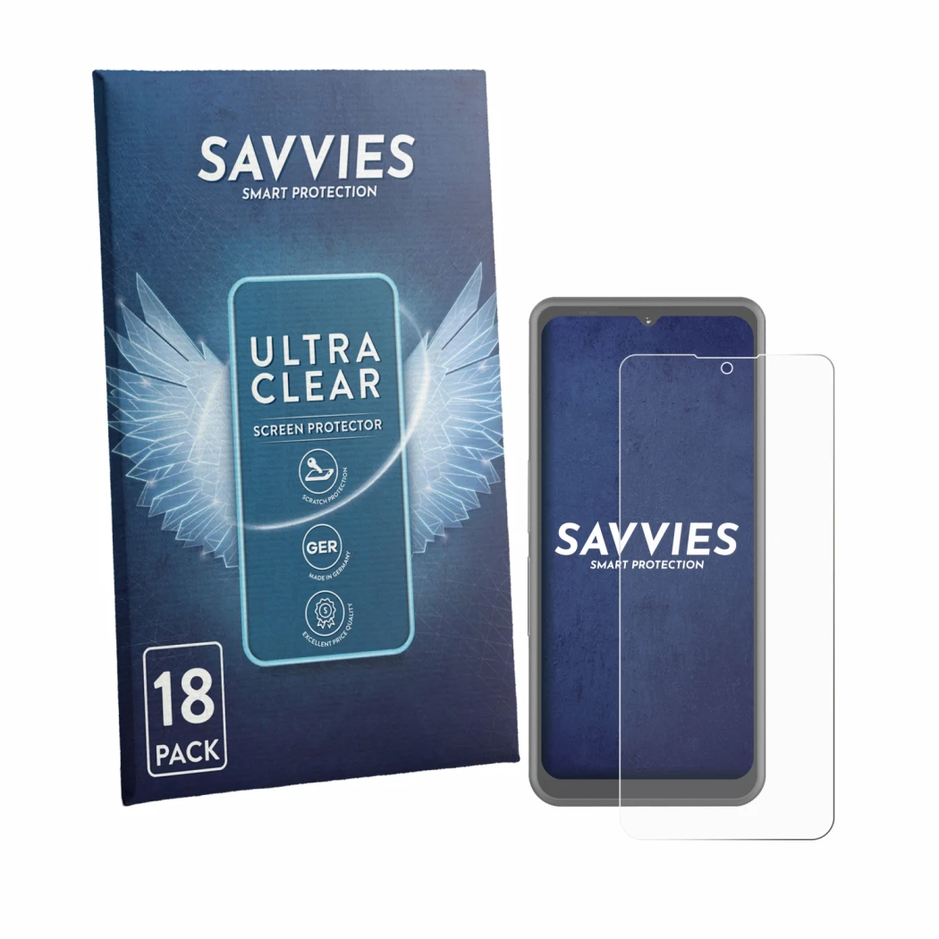 Face avant d’un emballage produit avec le logo de la marque Savvies. À côté, l’appareil Sonim XP Pro Thermal est représenté av