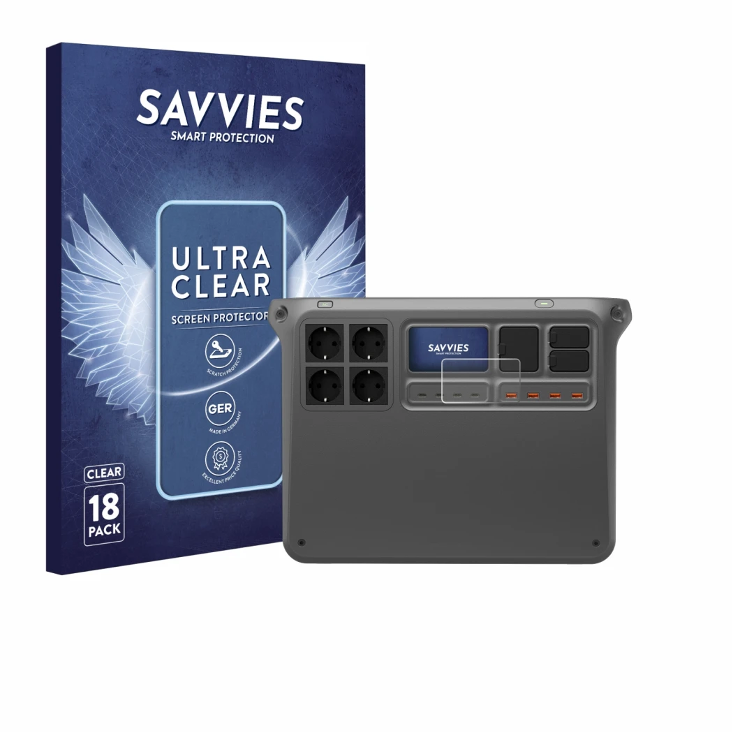 Face avant d’un emballage produit avec le logo de la marque Savvies. À côté, l’appareil DJI Power 2000 est représenté avec la 