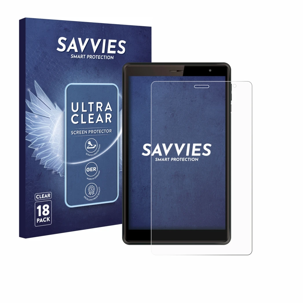Face avant d’un emballage produit avec le logo de la marque Savvies. À côté, l’appareil Logicom Tab 80 8