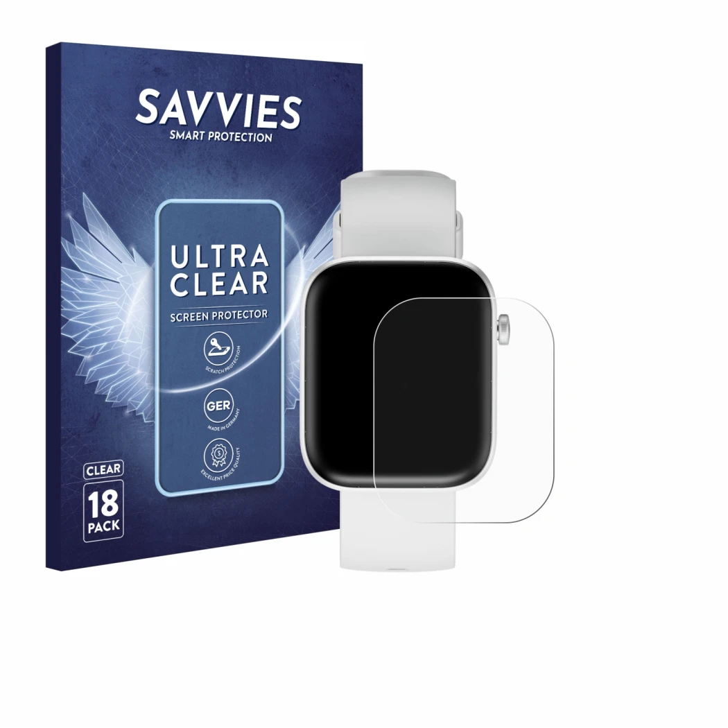 Face avant d’un emballage produit avec le logo de la marque Savvies. À côté, l’appareil HMD Watch P1 est représenté avec la pr