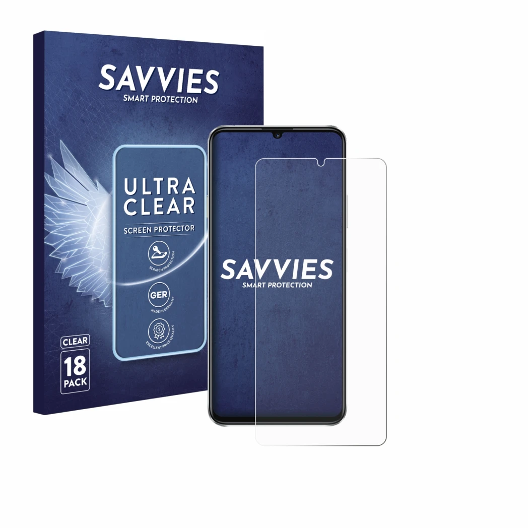 Face avant d’un emballage produit avec le logo de la marque Savvies. À côté, l’appareil Huawei Nova Y72S est représenté avec l