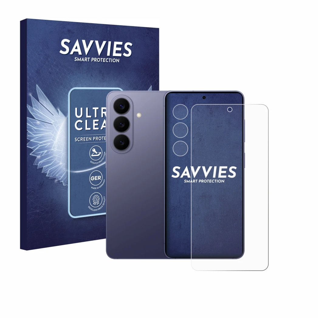 Face avant d’un emballage produit avec le logo de la marque Savvies. À côté, l’appareil Samsung Galaxy S26 (Avant+Caméra) est 