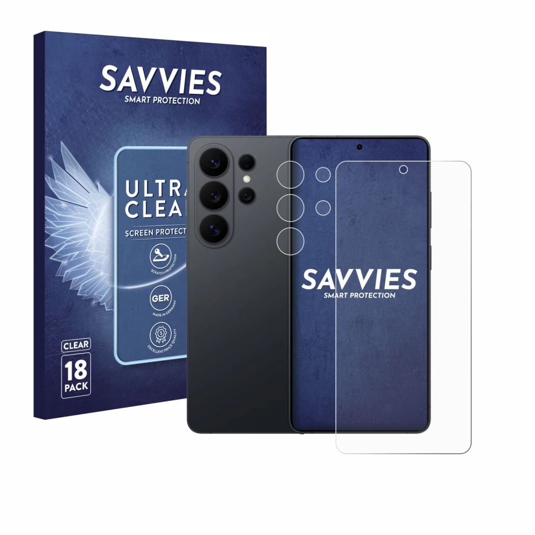 Face avant d’un emballage produit avec le logo de la marque Savvies. À côté, l’appareil Samsung Galaxy S26 Ultra (Avant+Caméra