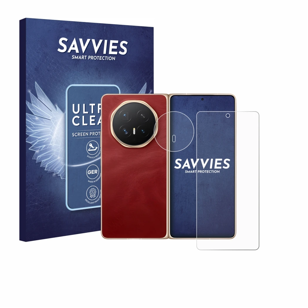 Face avant d’un emballage produit avec le logo de la marque Savvies. À côté, l’appareil Honor Magic V6 (Avant+Caméra) est repr