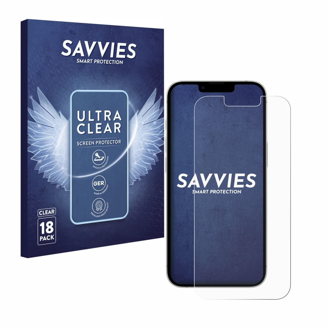 Face avant d’un emballage produit avec le logo de la marque Savvies. À côté, l’appareil Apple iPhone 17e est représenté avec l