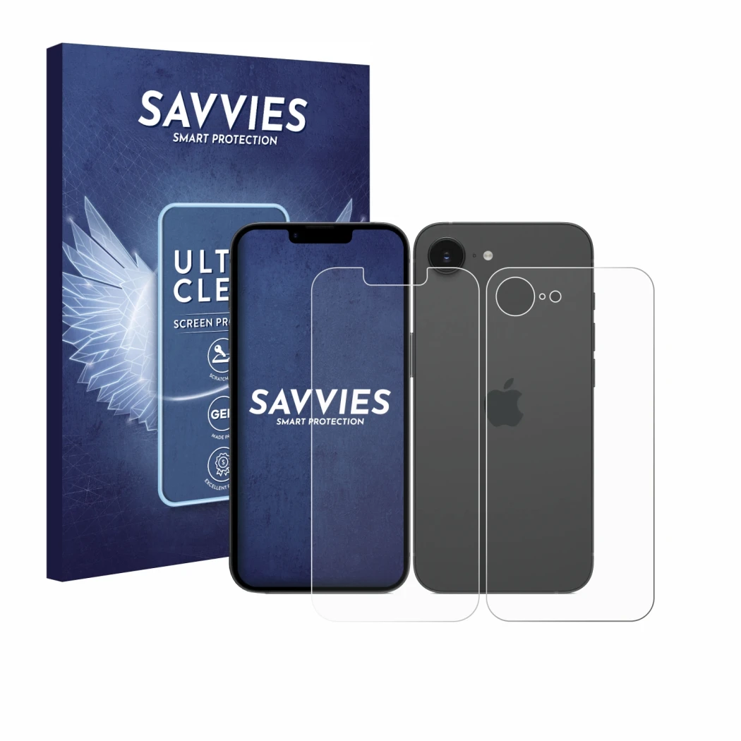 Face avant d’un emballage produit avec le logo de la marque Savvies. À côté, l’appareil Apple iPhone 17e (Avant+Arrière) est r