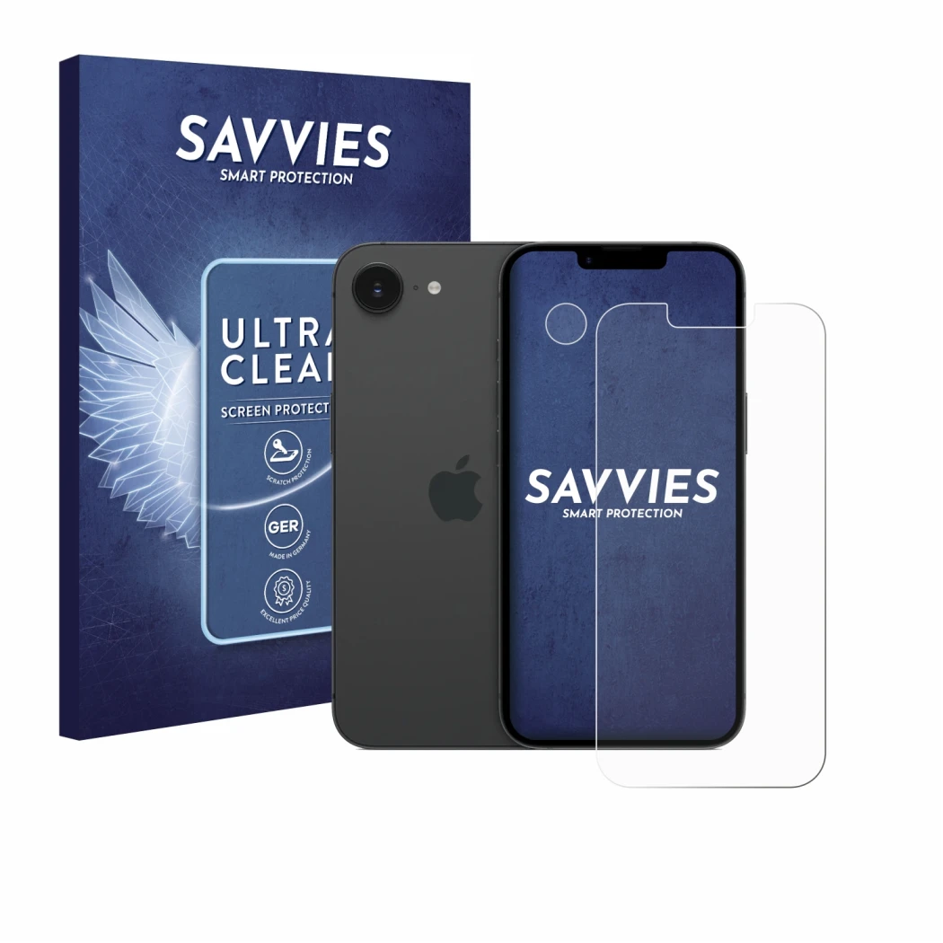Face avant d’un emballage produit avec le logo de la marque Savvies. À côté, l’appareil Apple iPhone 17e (Avant+Caméra) est re