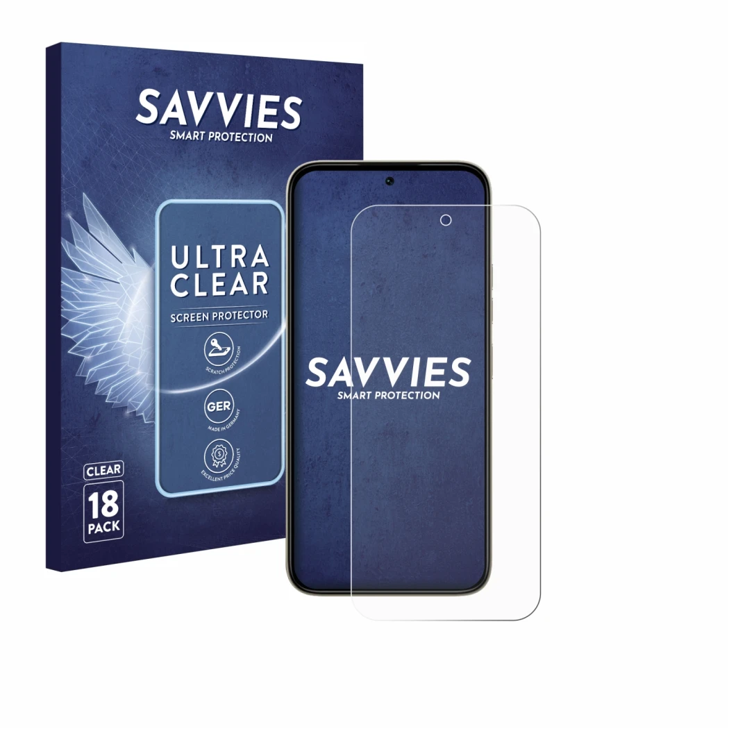 Face avant d’un emballage produit avec le logo de la marque Savvies. À côté, l’appareil Tecno Spark 50 5G est représenté avec 