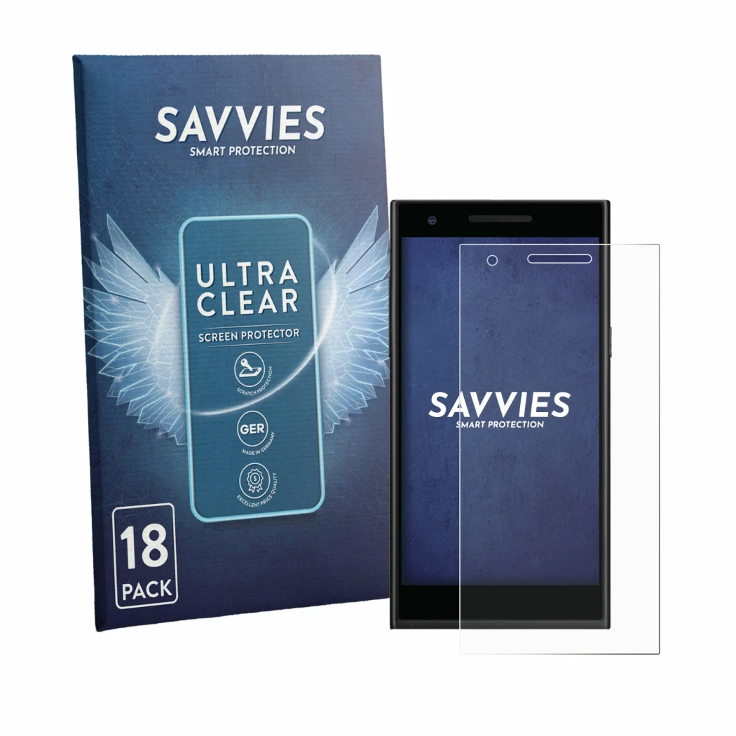 Face avant d’un emballage produit avec le logo de la marque Savvies. À côté, l’appareil Philips S396 est représenté avec la pr
