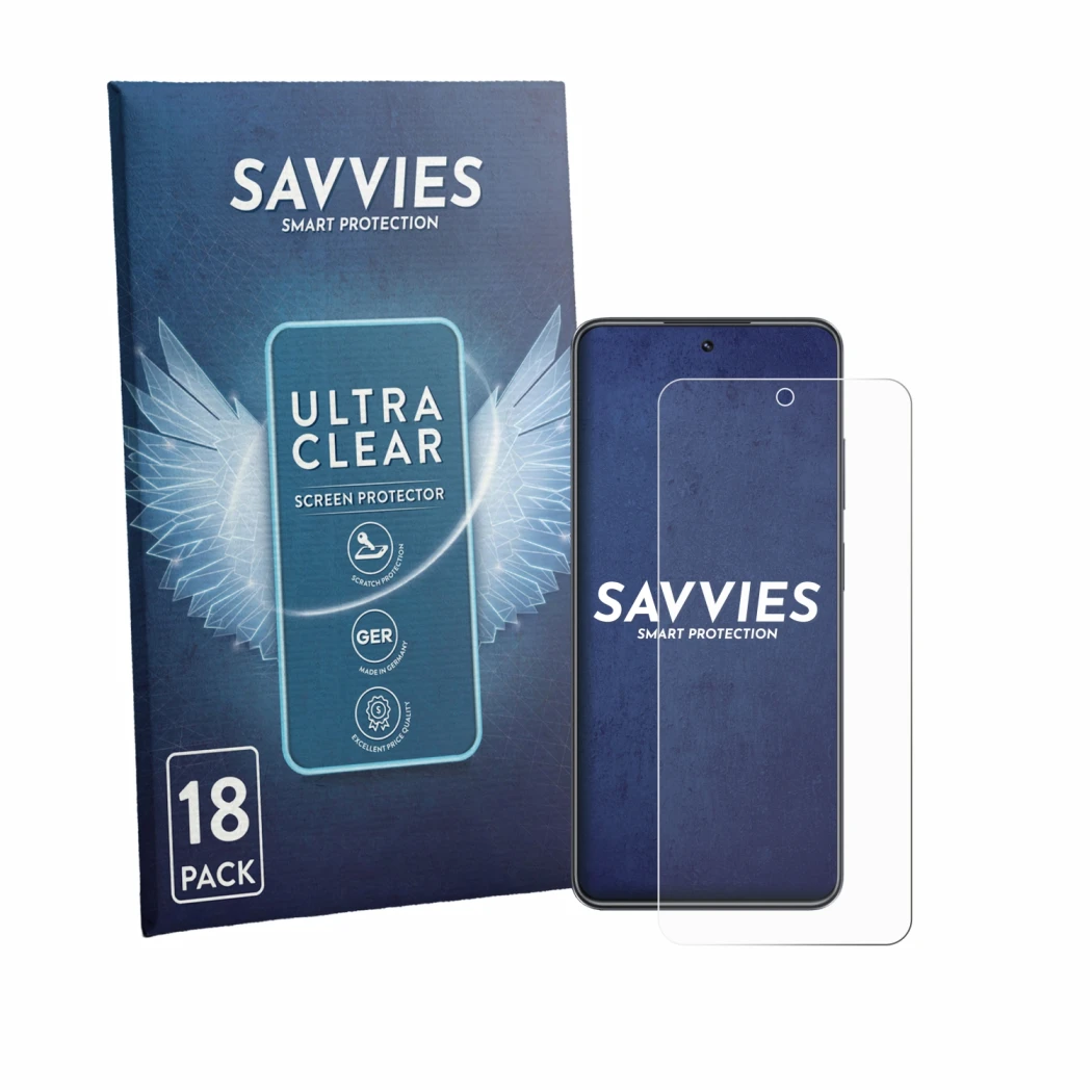 Face avant d’un emballage produit avec le logo de la marque Savvies. À côté, l’appareil Realme C73 est représenté avec la prot