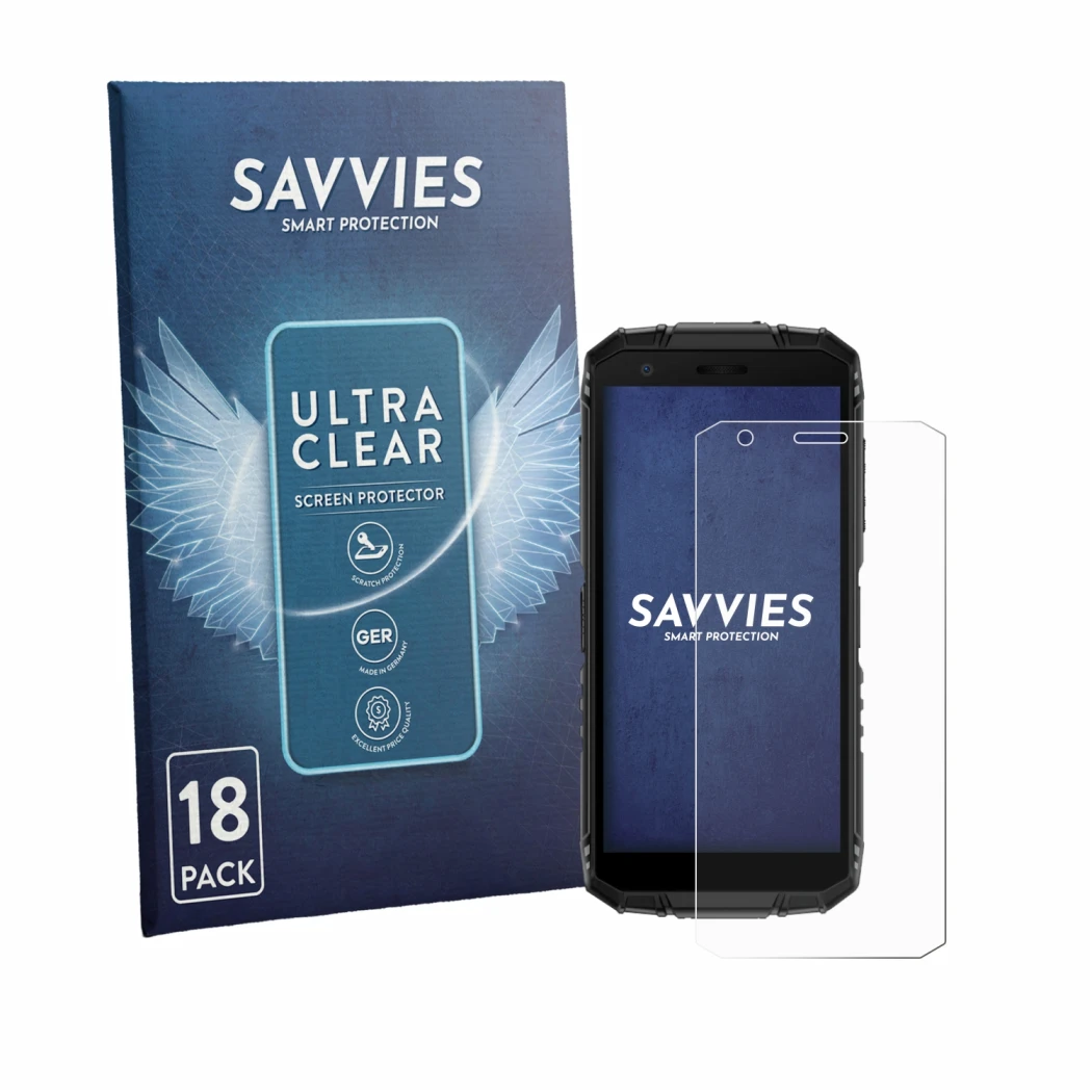 Face avant d’un emballage produit avec le logo de la marque Savvies. À côté, l’appareil Doogee Fire 3 est représenté avec la p