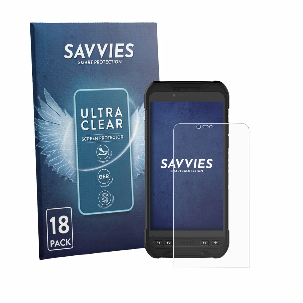Face avant d’un emballage produit avec le logo de la marque Savvies. À côté, l’appareil Stonex S60 est représenté avec la prot