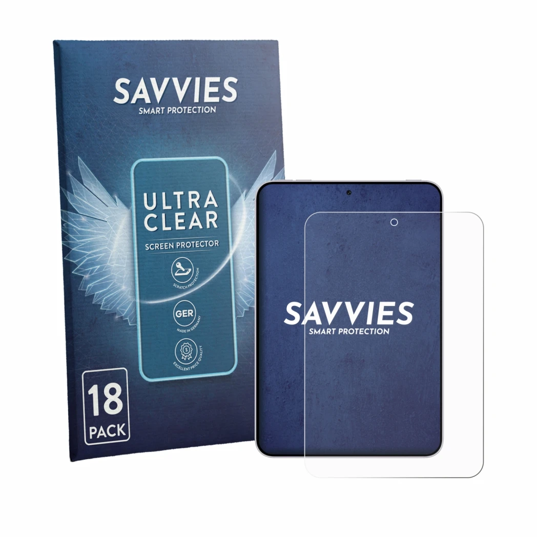 Face avant d’un emballage produit avec le logo de la marque Savvies. À côté, l’appareil Oppo Pad Mini est représenté avec la p