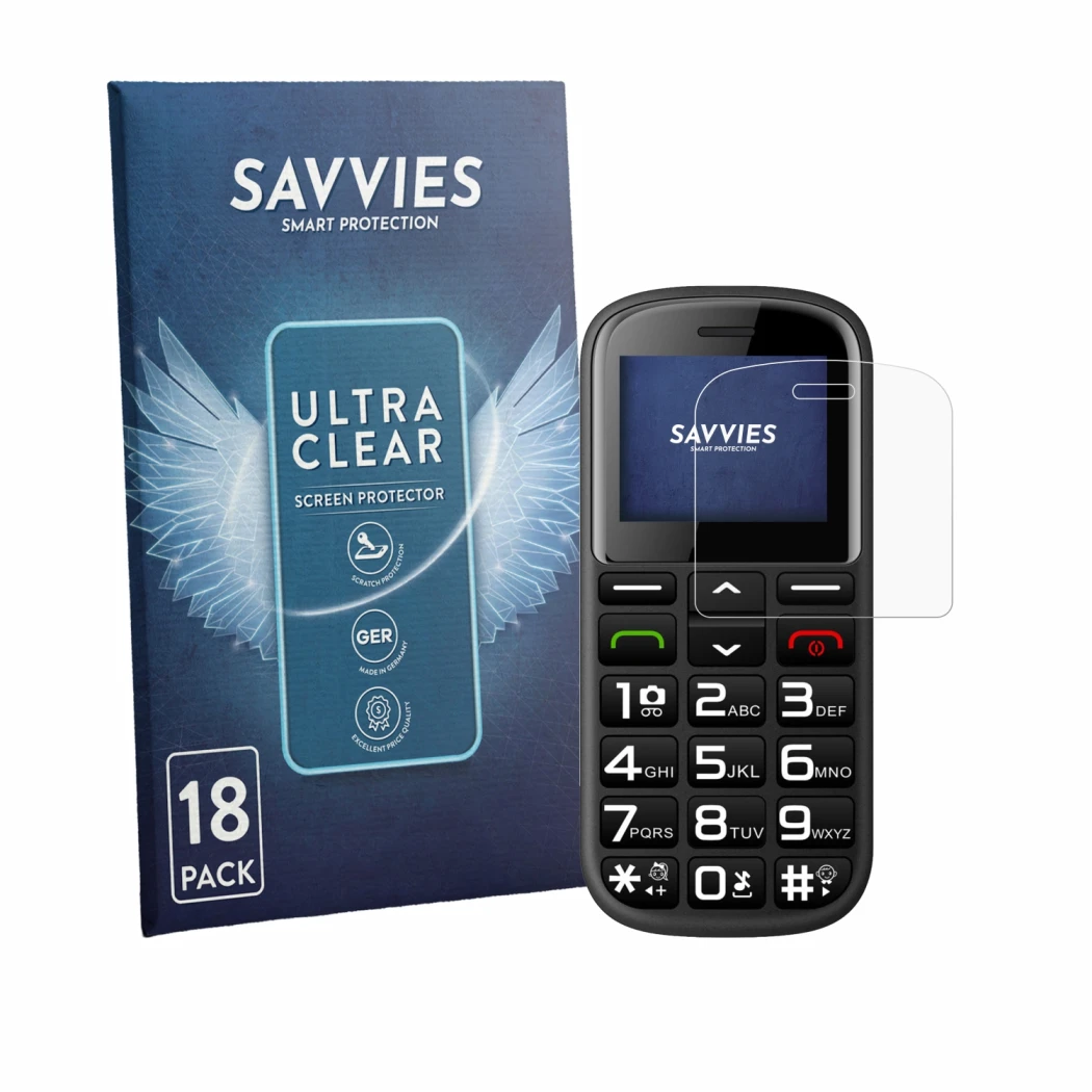 Face avant d’un emballage produit avec le logo de la marque Savvies. À côté, l’appareil artfone CS182 est représenté avec la p