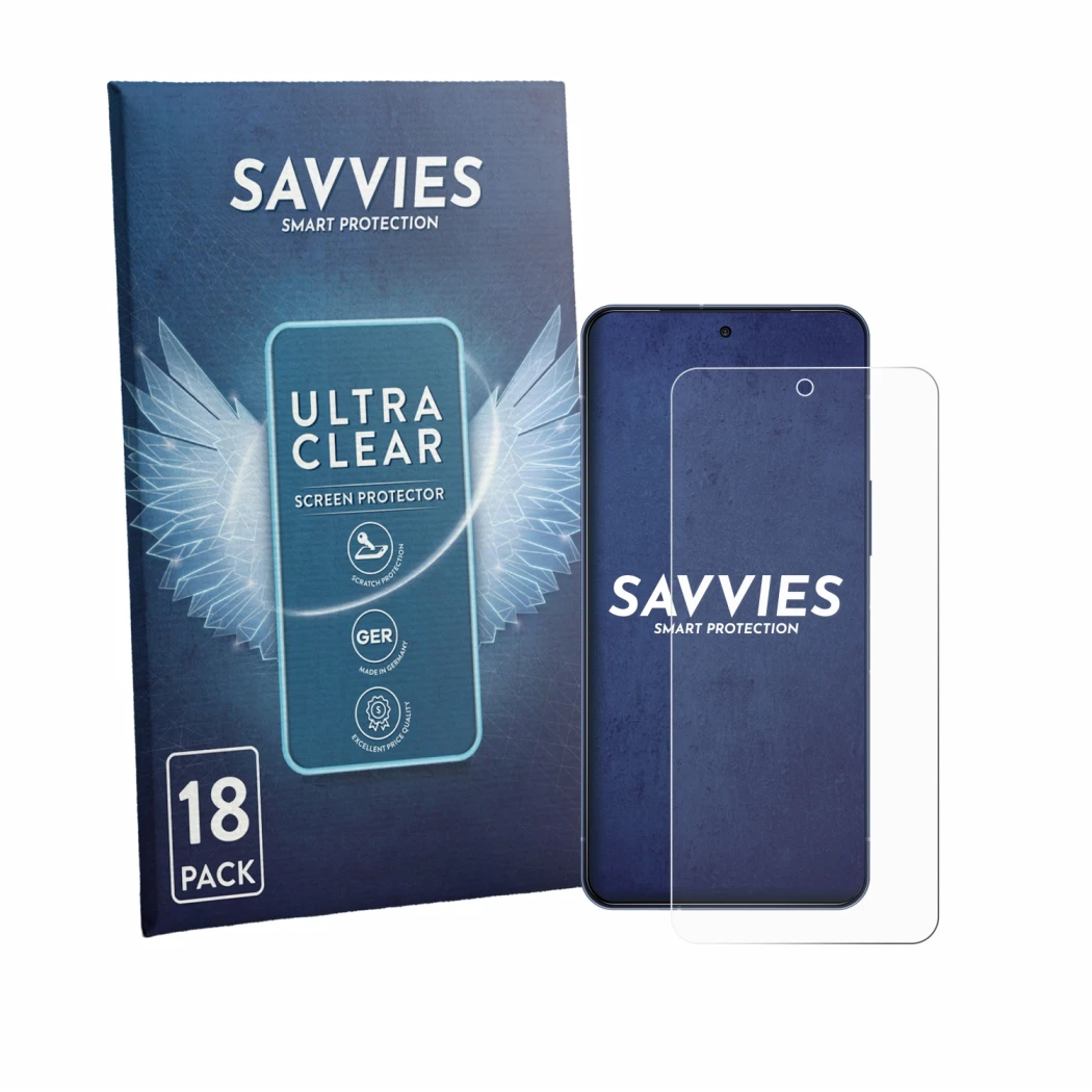 Face avant d’un emballage produit avec le logo de la marque Savvies. À côté, l’appareil Sharp Aquos R11 est représenté avec la
