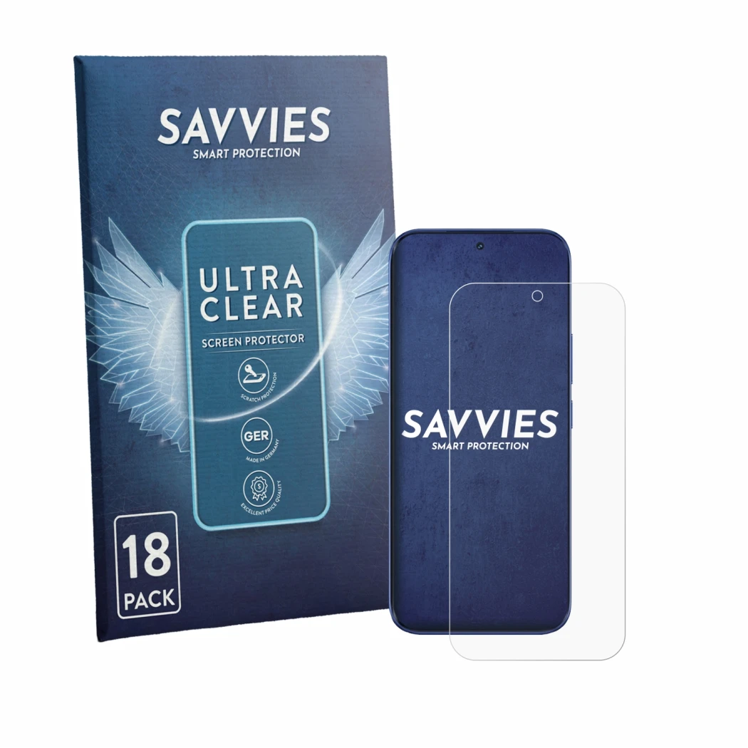 Face avant d’un emballage produit avec le logo de la marque Savvies. À côté, l’appareil Tecno Camon Slim est représenté avec l